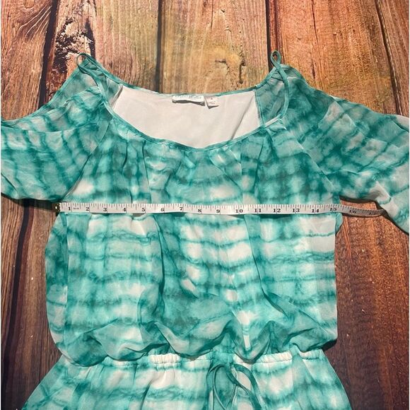 BISOU BISOU green white tie dye chiffon blouson cold shoulder dress Sz4 Preowned - Picture 6 of 6